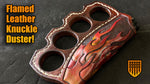 Flame Leather Knuckle Duster! Brown leather lighter holder with flames leather tooled in red, gold and orange; brown polished leather with cream stitching detail.