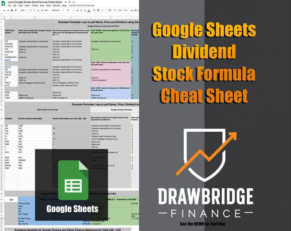 Google Sheets Dividend Stock Formula Cheat Sheet